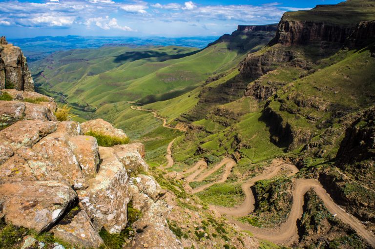 The Sani Pass switchback road climbing from South Africa into Lesotho, a 4x4-only mountain crossing