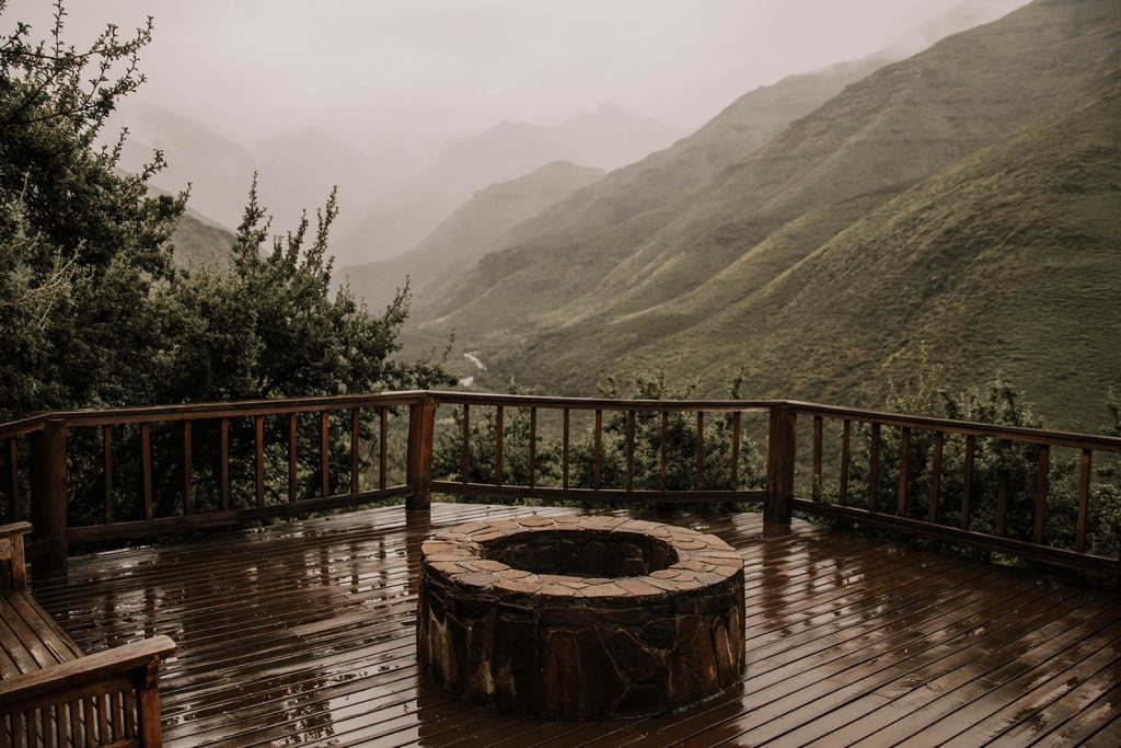 The lodge deck and fire pit looking over the Ts’ehlanyane valley